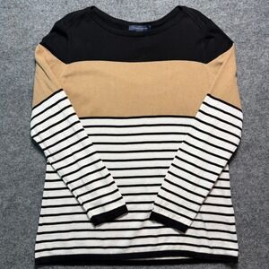 TOMMY HILFIGER Women Colorblock Striped Cotton Boat Neck Sweater Black Tan XL